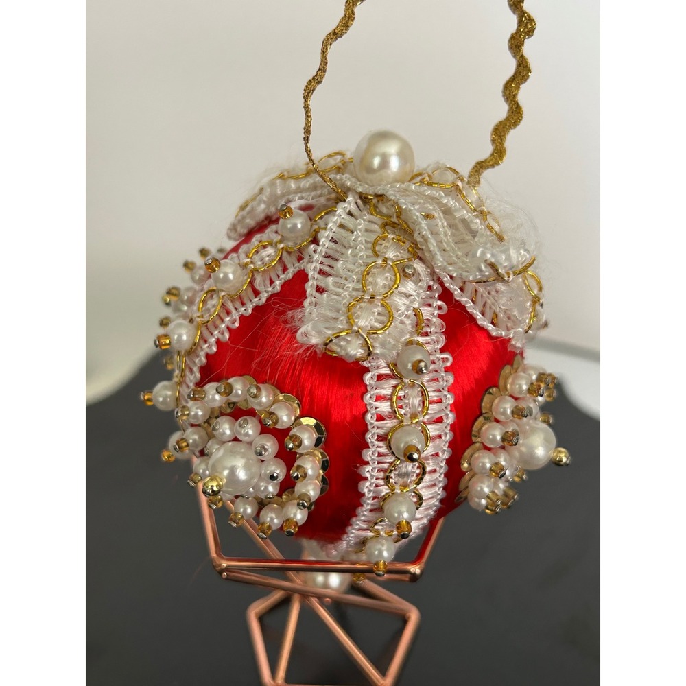 Ornament Push Pin Christmas Red Satin Pearl Beaded Gold Trim Lace Collectible